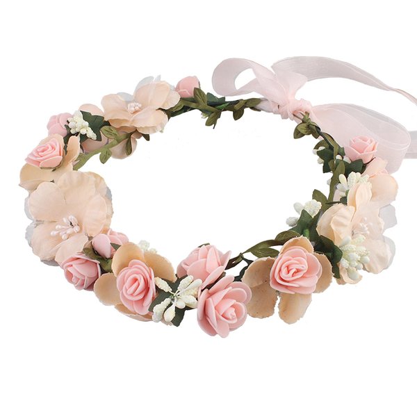 SH Rose Flower Wreath for Women, Bridal Floral Headband Hair Wreath Crown, Flower Headpiece with Ribbon Wedding Party Festival Photos Door Outside Wall Window Décor, Pink