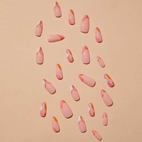 Almond Press on Nails Orange Gold Line False Nails Medium Almond Shaped Full Cover Stick on Nail Artificial Glossy Acrylic Fake Nails DIY Manicure Decoration for Women 24Pcs