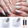 2PCS White Pearl Chrome Nail Powder Holographic Chrome Powder for Nails, Iridescent Aurora Metallic Mirror Effect Pigment Pearl Glitter Dust Nail Chrome Powder for Nail Art and Resin Craft Decoration