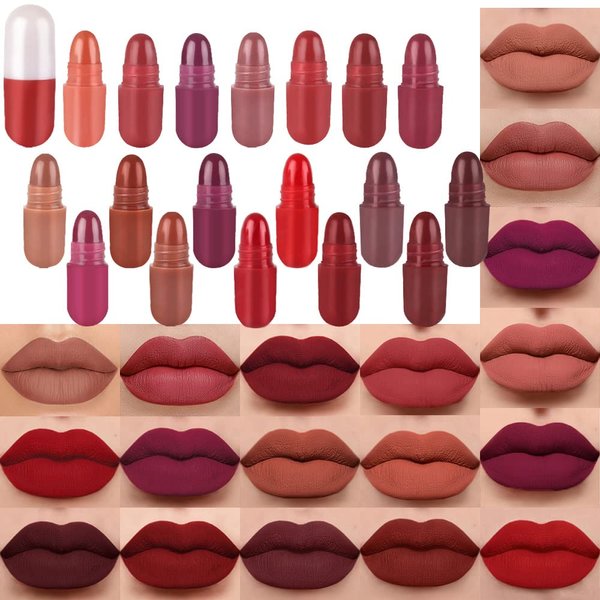 18 Pcs Mini Capsule Makeup Lipstick Pills Set, Matte Lipstick Lip Stain Set, Lápiz Labial Rojo Women Nude Brown Dark Red Matte Matt Lipsticks Cute Lip Stick Purse Set Labiales Matte Larga Duracion 24 Hrs
