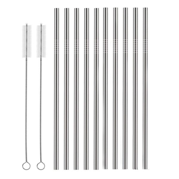 Set of 10 Stainless Steel Straws, HuaQi Straight Reusable Straight Drinking Straws 10.5'' Long 0.24‘’ Dia for 30 oz Tumbler and 20 oz Tumbler, 2 Cleaning Brush Included