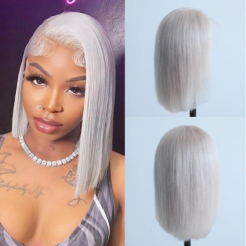 Aprilhair Pre-plucked #60 White Platinum Blonde Bob Lace Front Wigs Straight Glueless 130% Density Short Cut Brazilian Virgin Human Hair Full And Thick Free Part (#60, 10 Inch)