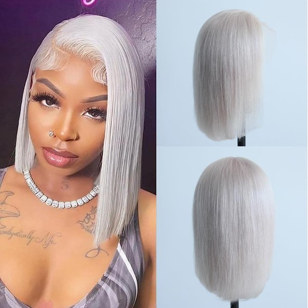 Aprilhair Pre-plucked #60 White Platinum Blonde Bob Lace Front Wigs Straight Glueless 130% Density Short Cut Brazilian Virgin Human Hair Full And Thick Free Part (#60, 10 Inch)