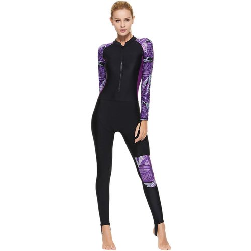 Akaeys Women's Full Body Swimsuit Rash Guard One Piece Long Sleeve Long Leg Swimwear with UV Sun Protection, Purple-Leaves, Small