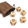 Hometu 5Pcs/Set 20MM Wooden Letter Dice Set, 6-Sided English Letter Pattern Engraved Wood Rolling Dices with Linen Bag, Yellow