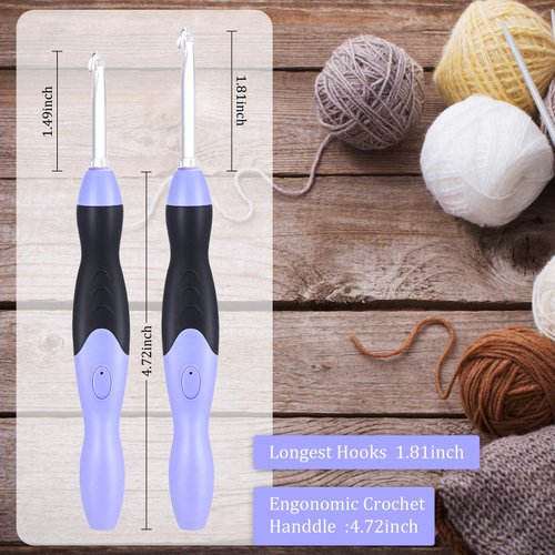 11 Sizes Lighted Crochet Hooks Set Rechargeable Crochet Hook Light Up Crochet Hooks with Case, Interchangeable Heads 2.5 mm to 8 mm for DIY Craft Supplies (Purple-Black)