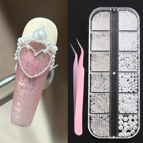 3D Mixed Sizes Round Pearls and Silver Beads Studs Nail Charms, White Full Circle Pearls for Acrylic Nails, Mini Metal Caviar Beads Ball for Nail Art DIY Crafts Decorations…
