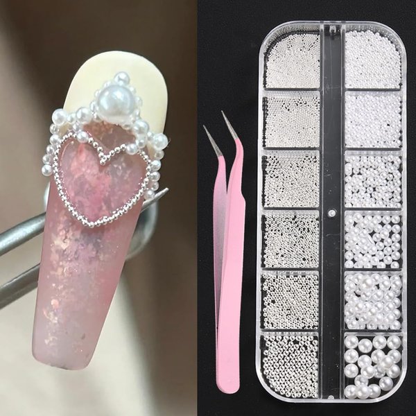 3D Mixed Sizes Round Pearls and Silver Beads Studs Nail Charms, White Full Circle Pearls for Acrylic Nails, Mini Metal Caviar Beads Ball for Nail Art DIY Crafts Decorations…