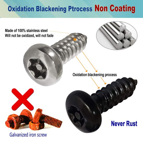 BGGTMO Black License Plate Screws- Stainless Steel Plate Mounting Hardware for Car Tag Frame, Anti-Theft Security Self-Tapping Screws Fit Front Bumper, with Matte Black Caps Covers, Insert Fasteners