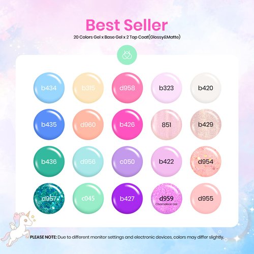 Beetles Gel Nail Polish Set-20 Colors Summer Unicorn Bright Collection Gel Polish Yellow Green Rainbow Color Glitter Manicure Kit with Base Gel Matte Glossy Top Coat