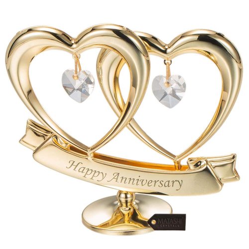 Matashi Gift for Mom - 24K Gold Plated "Happy Anniversary" Inscribed Double Heart Table Top Ornament w/Clear Crystals - Wedding Anniversary Giftss for Her - Cake Topper & Mother's Day Gift