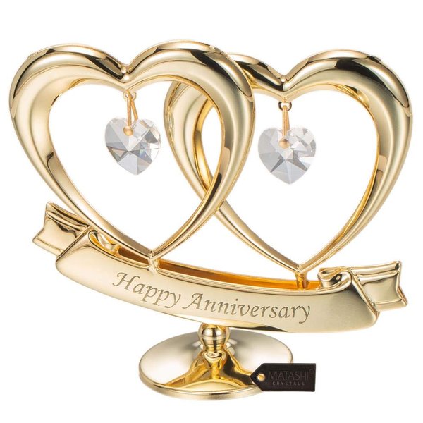 Matashi Gift for Mom - 24K Gold Plated "Happy Anniversary" Inscribed Double Heart Table Top Ornament w/Clear Crystals - Wedding Anniversary Giftss for Her - Cake Topper & Mother's Day Gift