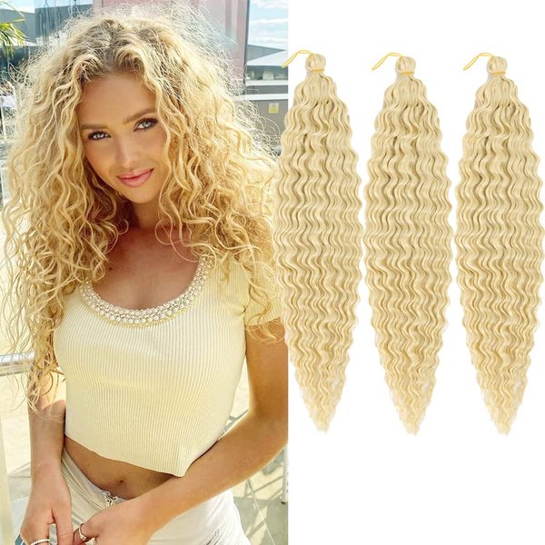 24inch Ocean Wave Braiding Hair Extensions 3packs Long Deep Curly Wave Braid Hair Synthetic Twist Ripple Crochet Deep Wave Braids Hair for Women 100g/pack(24",613#)