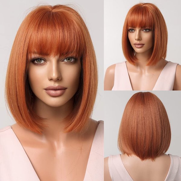 MAGQOO Auburn Red Copper Wig Women Dark Orange Bob Wig Short Straight Dark Orange Wig with Bangs Synthetic Heat Resistant Wig Cap Included