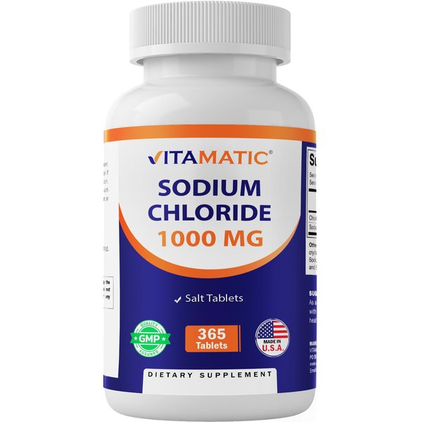 Vitamatic Sodium Chloride 1000mg, 365 Tablets - Salt Tablets, Non-GMO, Gluten Free - Electrolytes Replenisher Hydration Drink