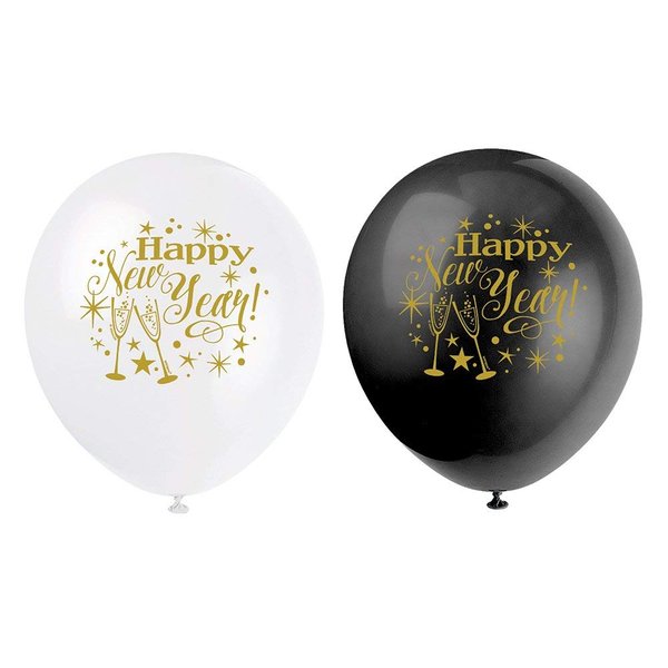 Glittering "Happy New Year" Latex Balloons - 12" (8 Pieces) - Perfect for New Year's Eve Parties and Celebrations
