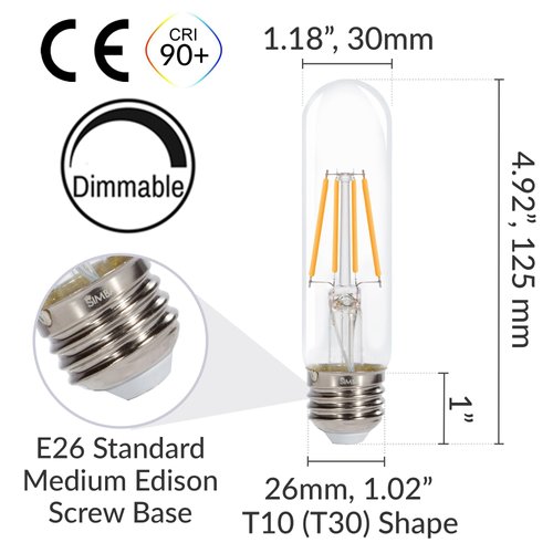 Simba Lighting LED T10 Tubular Edison Filament Light Bulbs (3 Pack) 6W Dimmable 60W Equivalent 120V for Cabinet Display, Piano Lamps, Clear Glass Decorative, Standard Medium E26 Base, Warm White 2700K