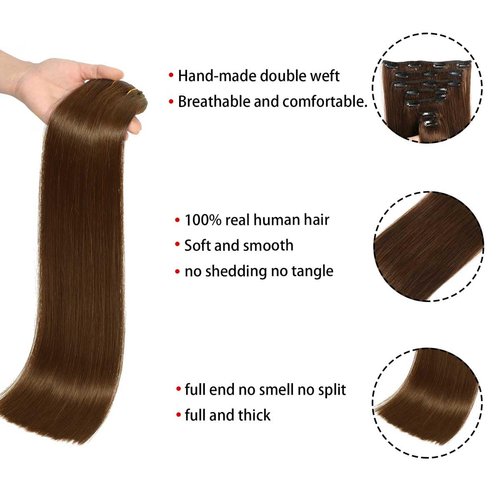 Houlud Clip in Hair Extensions Real Human Hair Straight 22 Inch 7pcs 120g Clip ins Hair Extensions Brazilian Remy Human Hair 16 Clips Double Weft Human Hair For Women (22 Inch, 4 Medium Brown)