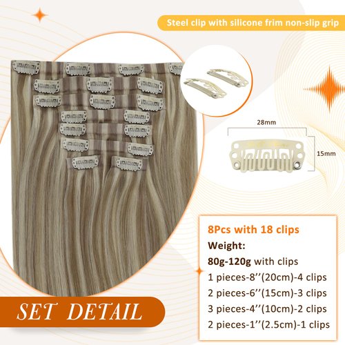 Full Shine Clip In Hair Extensions Color 16 And 22 Highlighted Blonde 8 Pcs Seamless Clip Extensions Hair For Women 120 Gram Clip on Hair Extensions Human Hair Straight Remy Hair 18 Inch