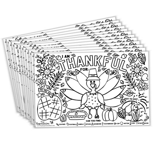 Tiny Expressions - Thanksgiving Coloring Placemats for Kids - Set of 12 Paper Placemats to Color, Turkey 'I Am Thankful for' Theme - Fall Thanksgiving Crafts for Kids