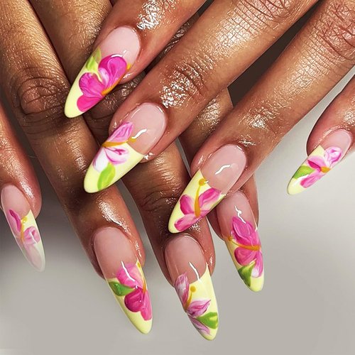 24Pcs French Tips Press on Nails for Art with Tropical Flower Design, Glossy Yellow French Medium Almond Acrylic False Nails Gel Glue on Nails Flower Full Cover Fake Nails Stick on Nails for Women
