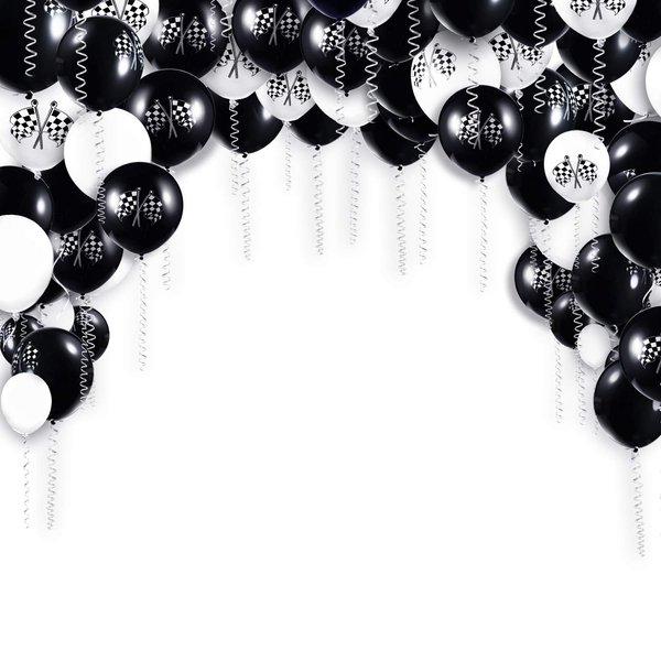 Chengu 50 Pieces Race Car Balloons Checkered Flag Latex Balloons with 8 Rolls Plastic Ribbons for Racing Theme Party Decorations