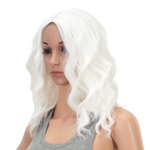 SWACC 15 Inch Short Curly Wavy Hair Wig Medium Length Synthetic Colorful Cosplay Daily Party Wig for Women with Wig Cap (White)