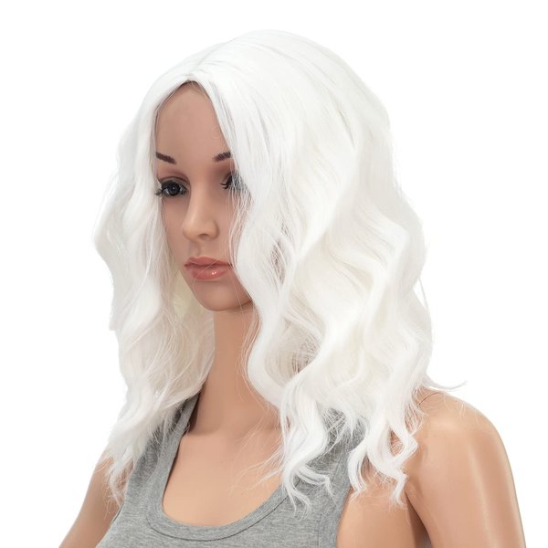 SWACC 15 Inch Short Curly Wavy Hair Wig Medium Length Synthetic Colorful Cosplay Daily Party Wig for Women with Wig Cap (White)