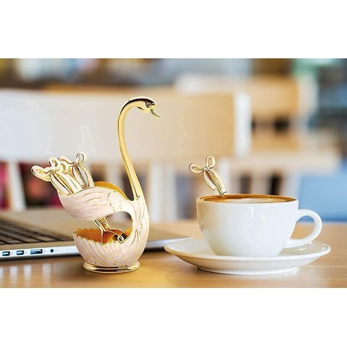 Flylin Coffee Dessert Spoon Set Metal Swan Base Holder Spoon Organizer with 6pcs Ice Cream Spoons Teaspoons Coffee Dessert Flatware (Gold)