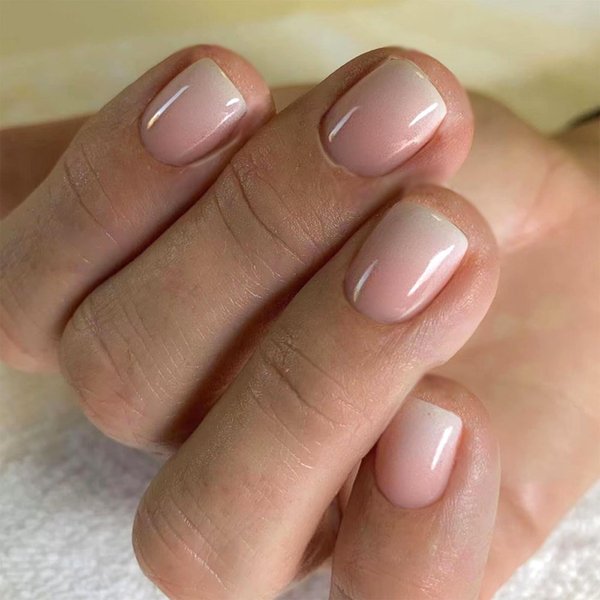 Extra Short Press on Nails Square Nude Ombre Fake Nails Press ons White Glue Stick on Nails with Designs Full Cover Acrylic Glossy Artificial Cute False Nail for Women Girls 24 Pcs