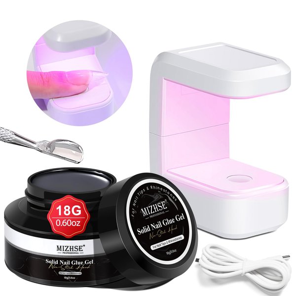 MIZHSE Solid Nail Glue, 18g Solid Nail Glue Gel for Nails and Mini U V Light LED Lamp for Nail Cured Solid Gel Nail Glue for Acrylic Nails, Nail Tips Long Lasting Rhinestone Glue for Nail Salon