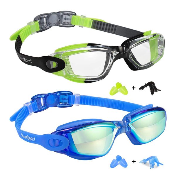 EverSport Kids Swim Goggles, Pack of 2 Swimming Goggles for Children Teens, Portable Anti-Fog Anti-UV Youth Swim Glasses Leak Proof for Age4-16, Green/Black & Mirrored Blue