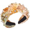 SeBneny Tie Dye Pearl Headband Crystal Rhinestone Headbands for Girls, Khaki Velvet Top Knotted Hairband Head Bopper Non Slip Wide Headband for Party Supplies Headwear 1PCS