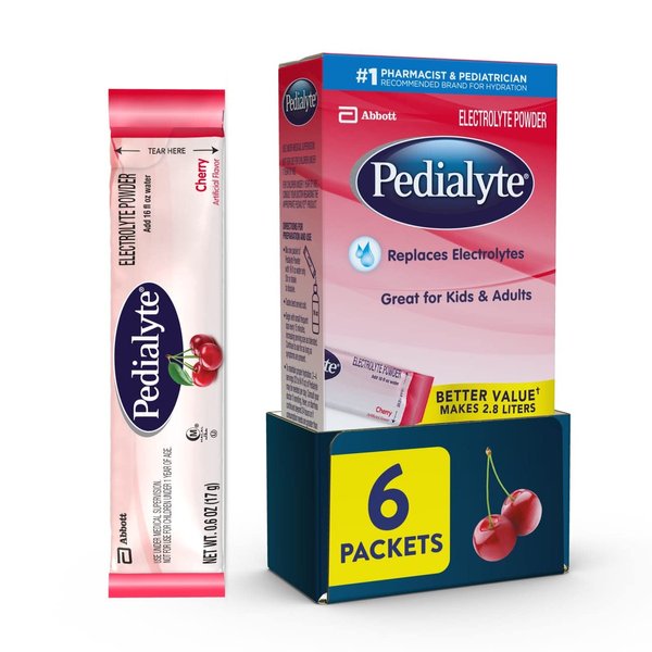 Pedialyte Electrolyte Powder, Cherry, Electrolyte Hydration Drink, 0.6 oz Powder Packs, 6 Count