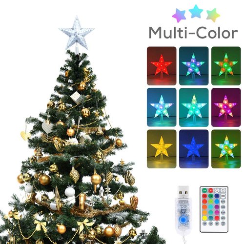 Christmas Tree Topper Star 7" LED Lighted Star Tree Top w/Remote Control, 5-Point Star RGB Night Light Treetop, Small Xmas Tree Decor for Christmas, USB Plug in/Wire 9.84Ft