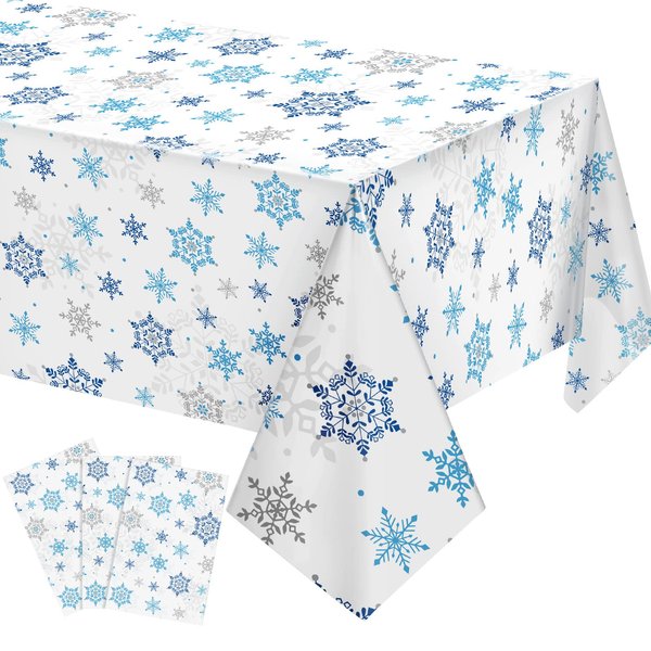 Christmas Snowflake Tablecloth Winter Wonderland Table Clothes Plastic Blue and White Winter Holiday Snowflake Table Cover for Christmas Holiday Birthday Party Supplies, 54 x 108 Inch (3 Pieces)