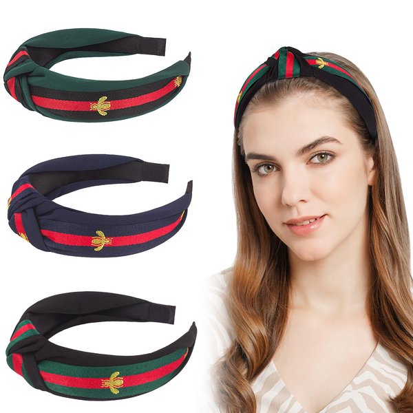 Hisize 3 Pack Knotted Turban Headband for Women Non Slip Wide Top Knot Head Bands Diademas Para Mujer