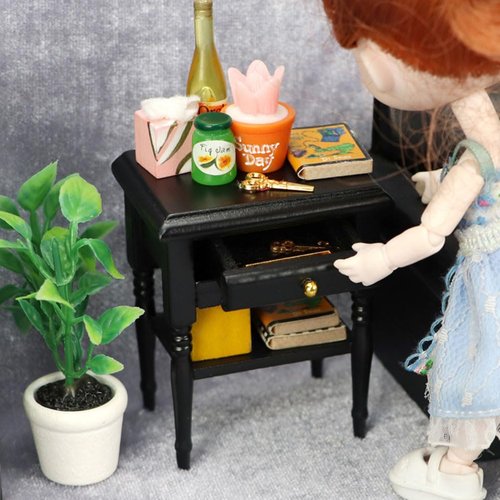 ibasenice 1pc Mini Bedside Table Bookshelf Accessories Black End Table Black Shelf Decor Mini Side Table Drawer Wooden Miniture Furniture Mini Wooden Cabinet Black Vintage Cupboard Miniature