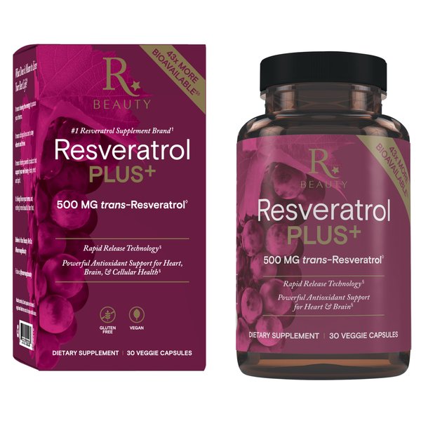 Reserveage Beauty Resveratrol Plus+ 500 mg - Rapid-Release Resveratrol Capsules with Quercetin for Immune System, Brain Health & Cellular Health - Gluten-Free & Vegan - 30 Veggie Capsules