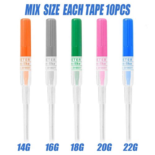 Jconly Catheter Needles - 50PCS Mix 14/16/18/20/22 Gauge Piercing Needles IV Catheter Needles Hollow Needles for Ear Nose Belly Navel Nipple Piercing Sterilized Disposable Piercing Needles（Each 10Pcs)