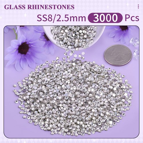 3000PCS SS8/2.5mm Crystal Rhinestones (Clear), Bedazzling Flatback Glass Rhinestones for Crafting DIY Nail Art Makeup Decoration, Gems Diomand Charms for Tumbler Shoes Clothing Mug