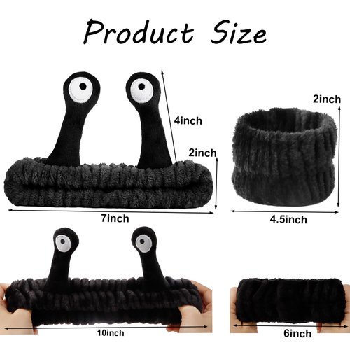 3pcs Snail Face Wash Headband and Wristband Set Black Funny Makeup Headband Puffy Skincare Spa Head Bands Cute Wrist Towels Hair Band for Washing Face Hair Wrap Teen Girl Gifts Trendy Stuff