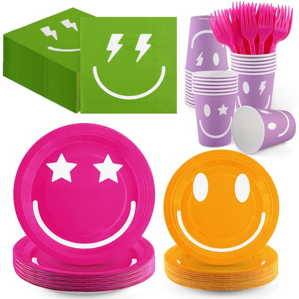 durony 144 Pieces Smiley Face Party Tableware Set Smile Party Paper Plates Birthday Decorations Napkins Cups and Forks for Preppy Birthday Y2K Party Baby Shower Supplies, Serve 24 Guest