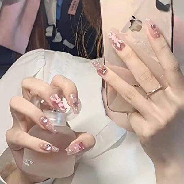 Nail Apparel Y2K Long Coffin Cute Kawaii Press on Nails 3D Cartoon Hot Pink Rabbite Black Pink Daisy Duck Glitter Rhinestone Heart Pearl Bow Flame Long Ballet Trapezoid Fake Nails 24Pcs (Light Pink