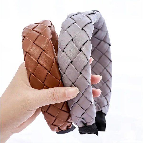 Woven Faux Leather Braided Headband For Women (Brown)