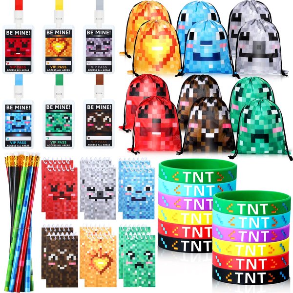 60 Pack Pixel Miner Party Favors Supplies VIP Pass Gamer Mini Pixel Notepads Pixelated Wristband Bracelets Pixel Mine Party Bags for Gaming on Pixel Style Game Theme Birthday Party