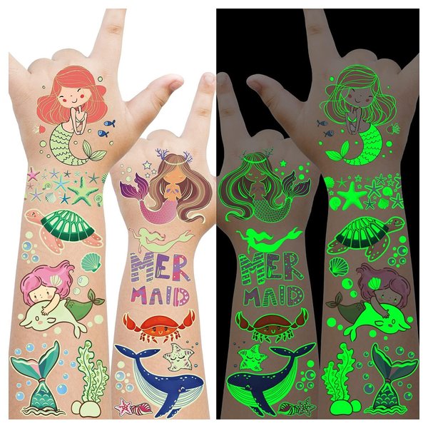 Cerlaza 300 Styles (23 Sheets) Luminous Mermaid Party Decorations Temporary Tattoos for Kids, Glow Mermaid Birthday Party Supplies Favors for Girls, Mermaid Gifts Goodie Bags Fillers