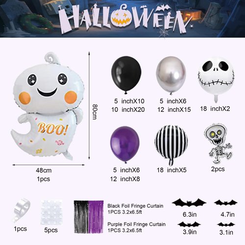 AIBIIN 87pcs Halloween Party Balloons Halloween Balloon Arch Garland Kit Black Purple Silver Balloons Black Purple Foil Fringe Curtain Halloween Spooky Boo Birthday Baby Shower Party Balloons Supplies