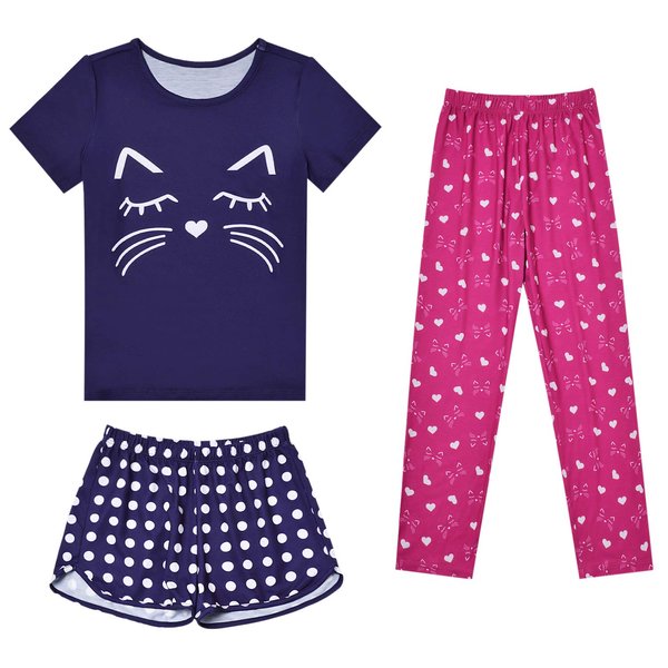 Girls Pajamas Sleepwear Set Cotton Short Pjs Clothes Night Shirts Pant Cat 10 11