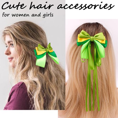 AHONEY 5 Pack Green Hair Bows for Girls Hair Clips, Satin Hair Bow Princess Dress Up Hair Ribbons Cute Bow for Hair Accessories for Girls Women Princess Birthday Party Favors Decorations Gifts (Tiana)